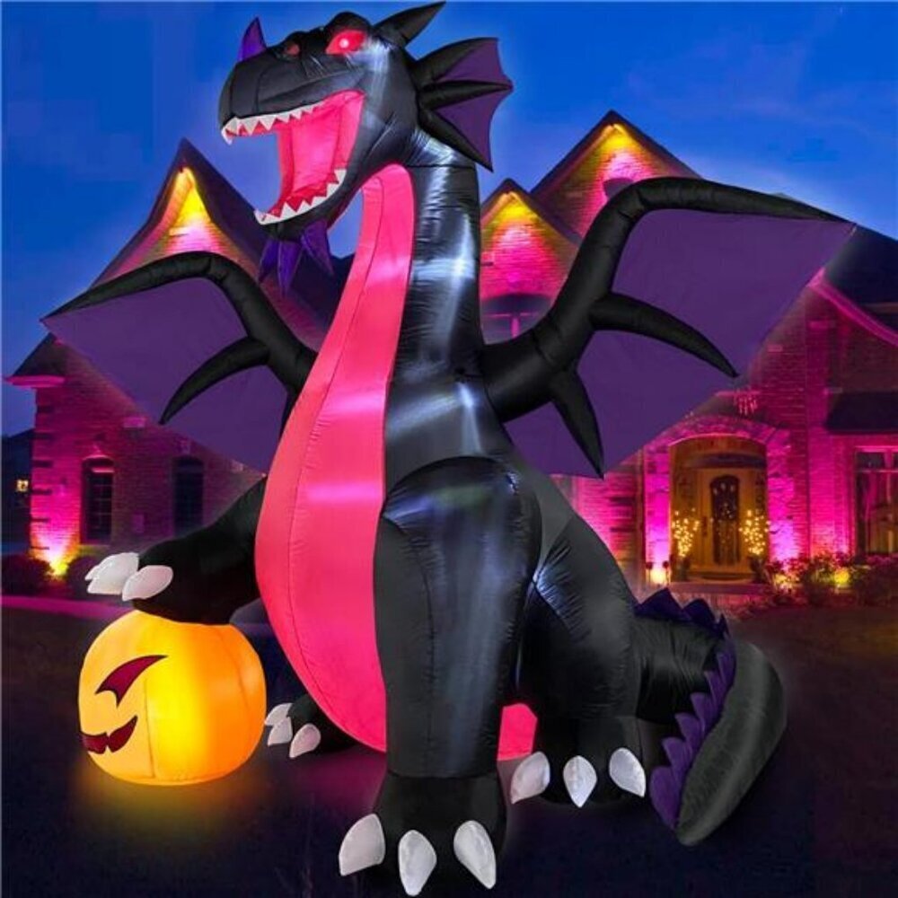 9FT Halloween Inflatable Dominating Dragon with Pumpkin Outdoor Deco, Blow Up